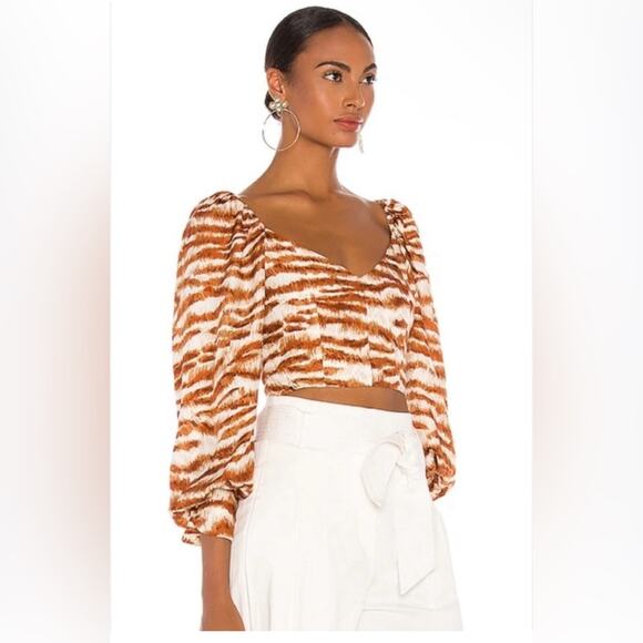 Cult Gaia Debi Crop Top Long Sleeve Silk Blend Amber Multi Small Feminine Casual - Picture 1 of 10